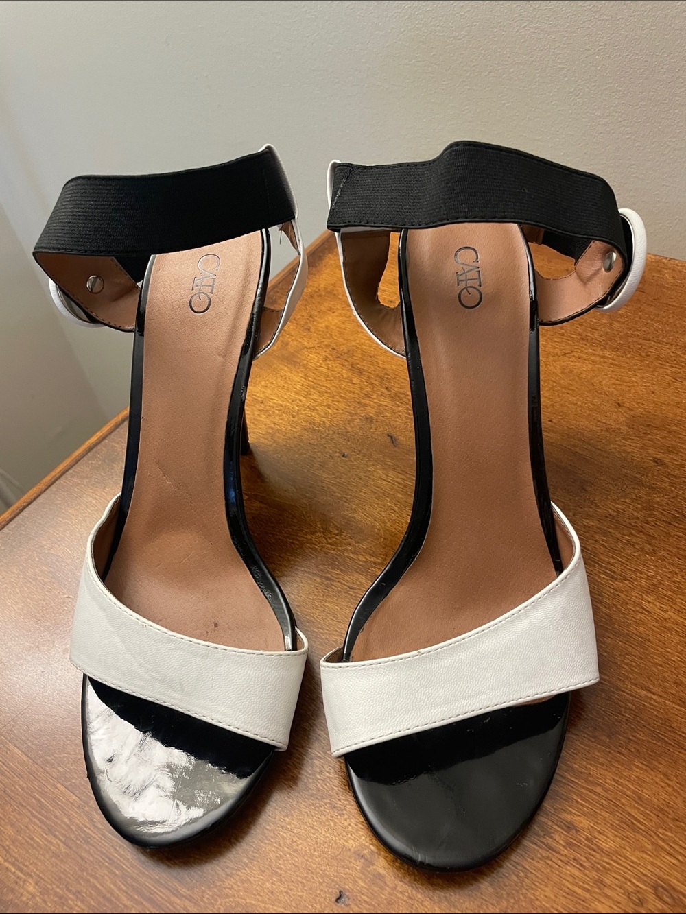 Cielo Two-Tone Black and White Ankle-Strap Heels